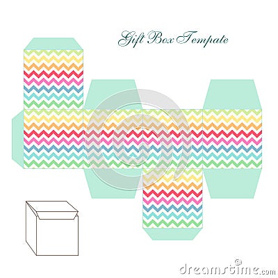 Cute retro square gift box template with chevron ornament to print, cut and fold Vector Illustration