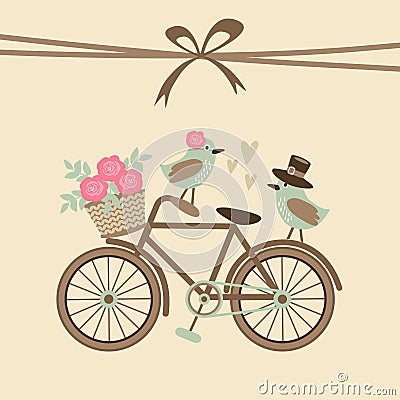 Cute retro wedding or birthday card, invitation with bicycle, birds Vector Illustration