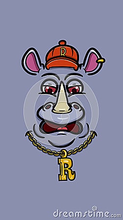 Cute Rhino Rapper Face With Rapper Hat. Vector Poster Wallpaper Background. Vector Illustration