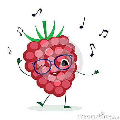 Cute ripe Raspberry berry cartoon character in glasses dances to music. Logo, template, design. Vector illustration, a flat style Vector Illustration