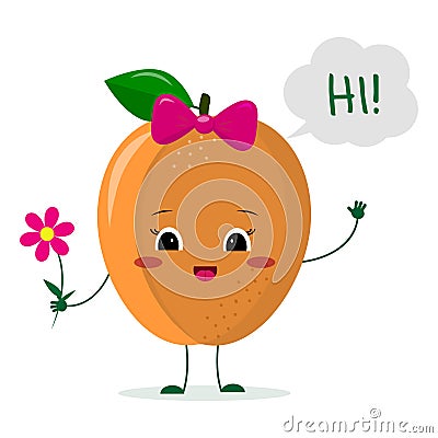 Cute ripe apricot cartoon character with a pink bow holding a flower and welcomes. Logo, template, design. Vector Vector Illustration