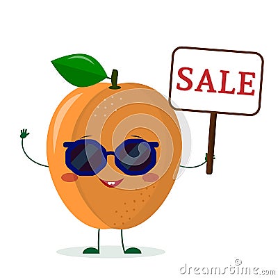 Cute ripe apricot cartoon character in sunglasses holding a sale sign. Logo, template, design. Vector illustration, flat Vector Illustration