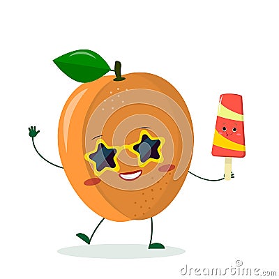 Cute ripe apricot character in sunglasses star in the hands of a colorful ice cream. Logo, template, design. Vector Vector Illustration