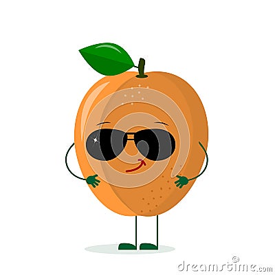 A cute ripe apricot character in the style of a cartoon in sunglasses. Logo, template, design. Vector illustration, a Vector Illustration