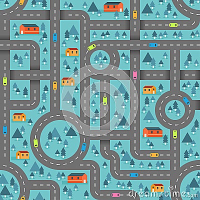 Cute road map in winter blue pattern for children inspired in the countryside landscape Vector Illustration