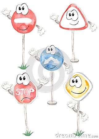 Cute road signs watercolor clipart illustrations with oval eyes Stock Photo