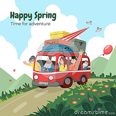 Cute road travel. Car adventure. Family journey. Happy spring. Flowers and vehicle. Van with luggage. Auto summer Vector Illustration