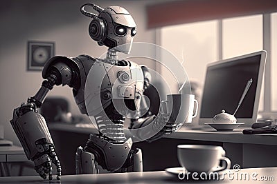 cute robot assistant, bringing cup of coffee to busy executive, in futuristic office setting Stock Photo