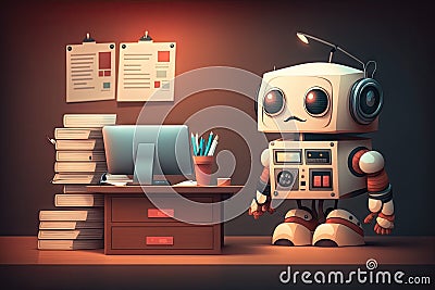 cute robot assistant, helping busy office worker with filing and other tasks Stock Photo