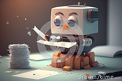 cute robot assistant performing menial office task, such as sorting papers or stapling documents Stock Photo
