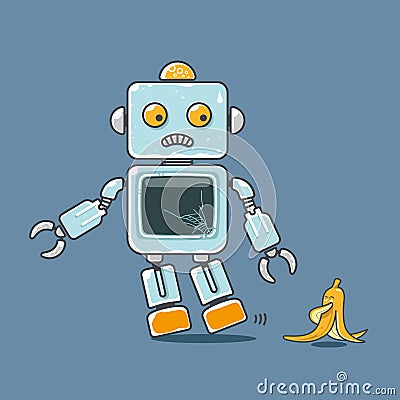 Cute robot and banana mascot isolated on blue background Vector Illustration