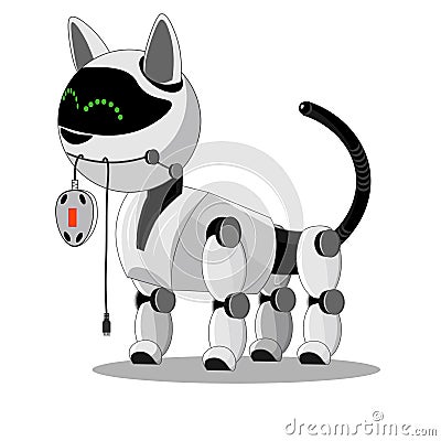 Cute robot cat with a trappedcomputer mouse. Cartoon Illustration