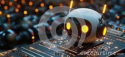 Cute robot character on circuit board with glowing elements, showcasing advanced technology and design, emphasizing Stock Photo