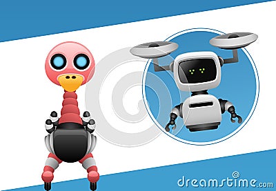 Cute robot character with ostrich robot. Vector Illustration