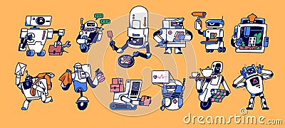 Cute robot characters set. Android bots, AI assistants in retro futuristic style. Smart service machines, funny childish Vector Illustration