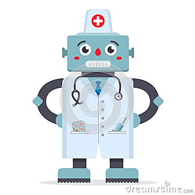 Cute robot doctor in a white coat. Vector Illustration