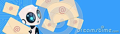 Cute Robot With Email Letters Chat Bot Over Circuit Background Horizontal Bannner With Copy Space Vector Illustration