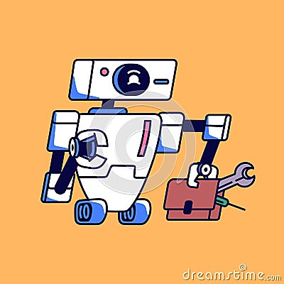 Cute robot with funny face for repair, fix service. Smart computer mechanic with engineer tools, spanner. Repairman Vector Illustration
