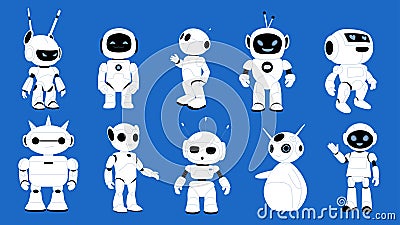 Cute robot, futuristic chatbot characters set, group of different smart chat bots Vector Illustration