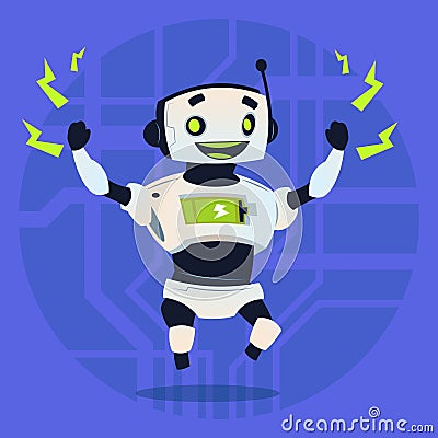 Cute Robot Happy Smiling Full Battery Charge Modern Artificial Intelligence Technology Concept Vector Illustration