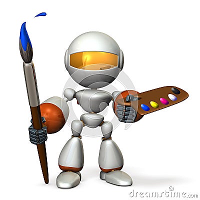 The cute robot has a large paintbrush and palette. Cartoon Illustration