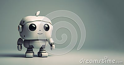 Cute robot with head in apple shape on gray background. Banner with copy space Stock Photo