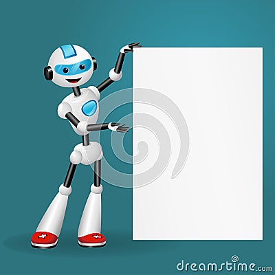 Cute robot holding blank white poster for text on blue background Vector Illustration