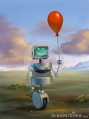 Cute robot holding a red balloon Cartoon Illustration