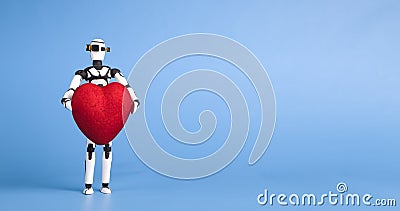 Cute robot holding red heart, blue panorama background Stock Photo