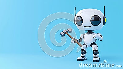 Cute robot holds hammer, pliers. Robot fixing website problem. Error 404 page not found message shown. Maintenance working on Stock Photo
