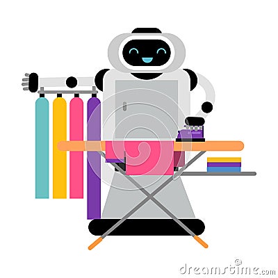 Cute robot home assistant is ironing things. Vector illustration. Vector Illustration