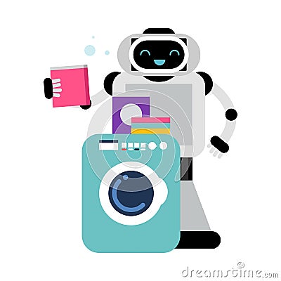 Cute robot home assistant stands near the washing machine. Vector illustration. Vector Illustration