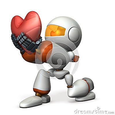 A cute robot that kneels down and presents a heart symbol. White background Cartoon Illustration