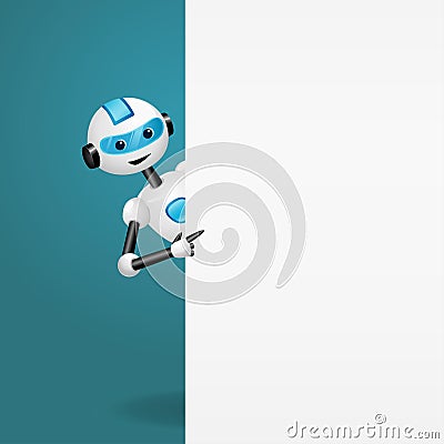 Cute robot looking out from behind an empty white board and pointing the finger Vector Illustration