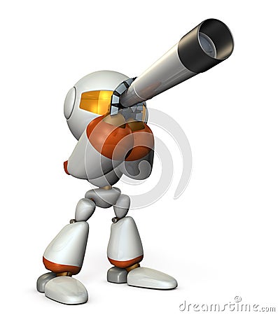 A cute robot looking into the telescope. It foresees the future. Cartoon Illustration