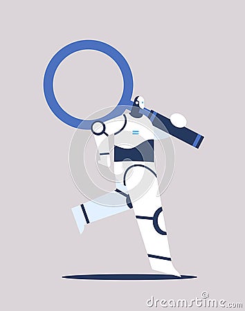 cute robot with magnifying glass modern robotic character artificial intelligence technology exploration Vector Illustration
