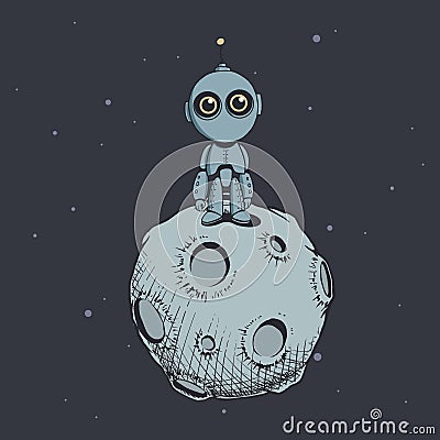 Cute robot on the moon Vector Illustration