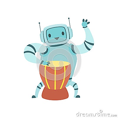 Cute Robot Musician Playing Ethnic Drum Musical Instrument Vector Illustration Vector Illustration