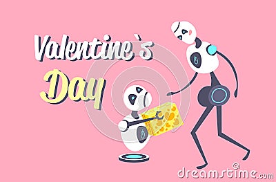 Cute robot offering gift box present to his robotic lover happy valentines day concept artificial intelligence digital Vector Illustration