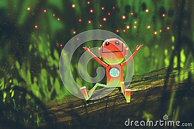 Cute robot playing with fireflies in forest at night Cartoon Illustration