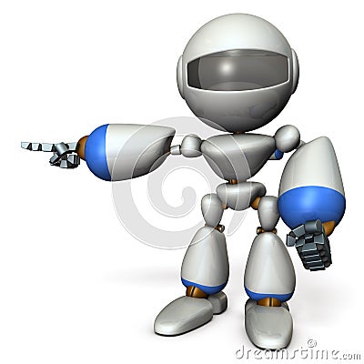 A cute robot that points to the left. It shows the direction to go. Cartoon Illustration