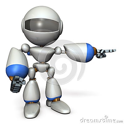 A cute robot that points to the right. It shows the direction to go. Cartoon Illustration