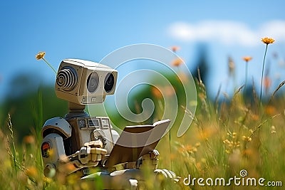 Cute Robot Reading a book in Summer Meadow Stock Photo