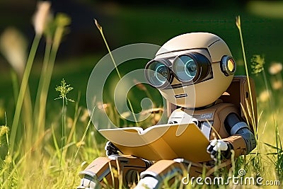 Cute Robot Reading a book in Summer Meadow Stock Photo