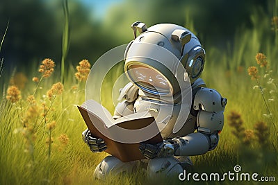 Cute Robot Reading a book in Summer Meadow Stock Photo