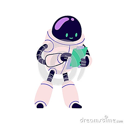 Cute robot in retro futuristic style. Android bot character, smart machine holding document. Smart assistant with Vector Illustration