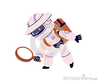 Cute robot searching with magnifying glass. Curious android character finding, researching with magnifier, lens Vector Illustration
