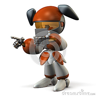 Cute robot sharing information with smartphone Cartoon Illustration