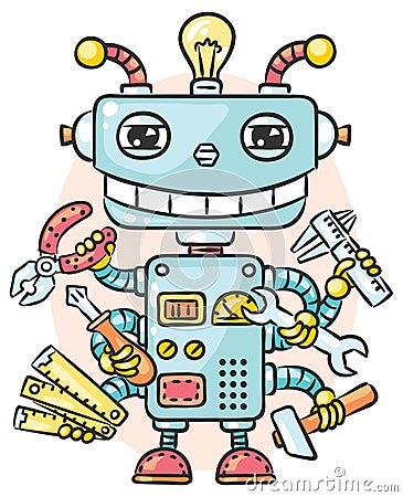 Cute robot with six hands holding different working tools Vector Illustration