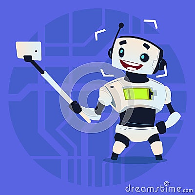 Cute Robot Taking Selfie Photo Modern Artificial Intelligence Technology Concept Vector Illustration